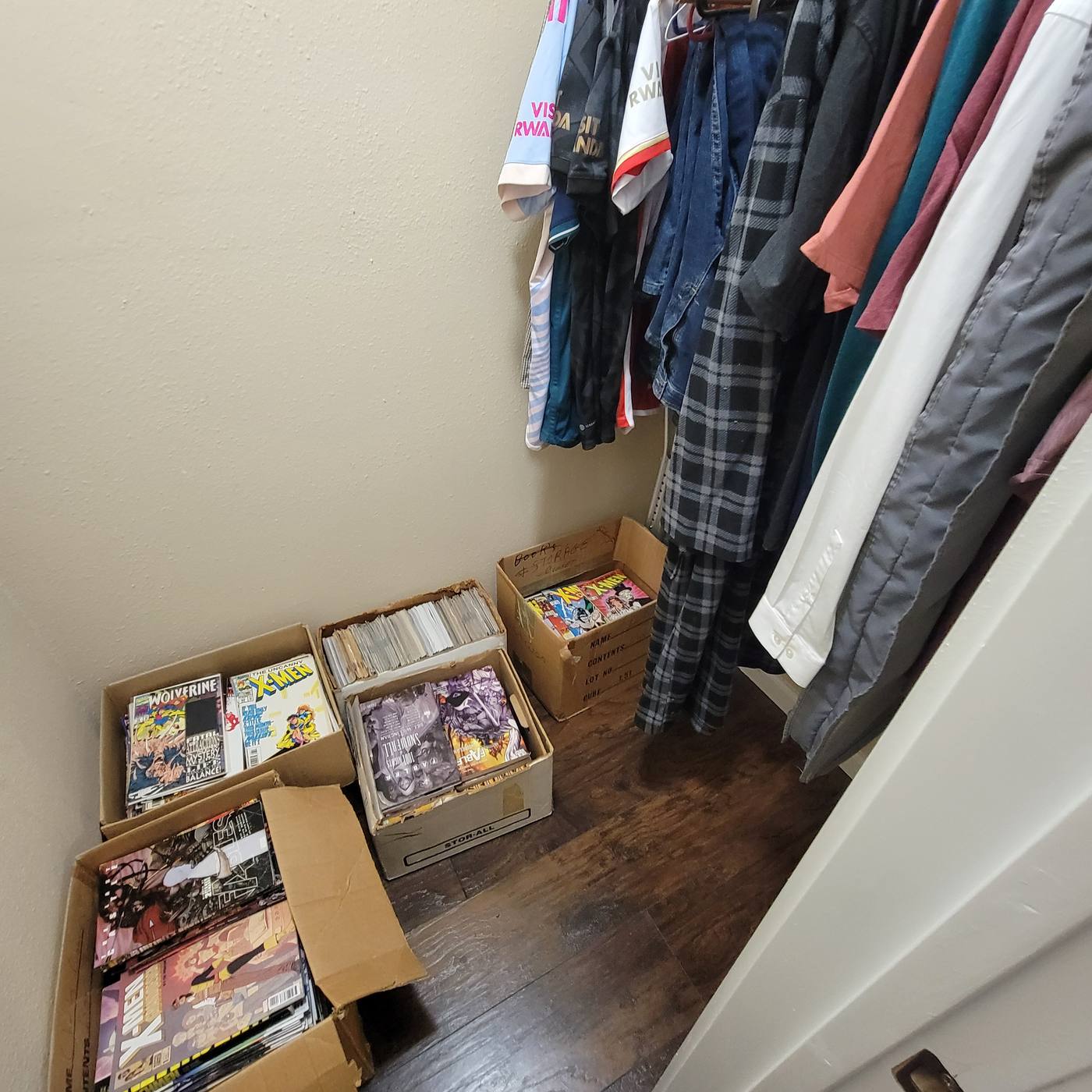 A bedroom closet with boxes and bags stacked on the floor, then the same closet with items contained and the floor cleared