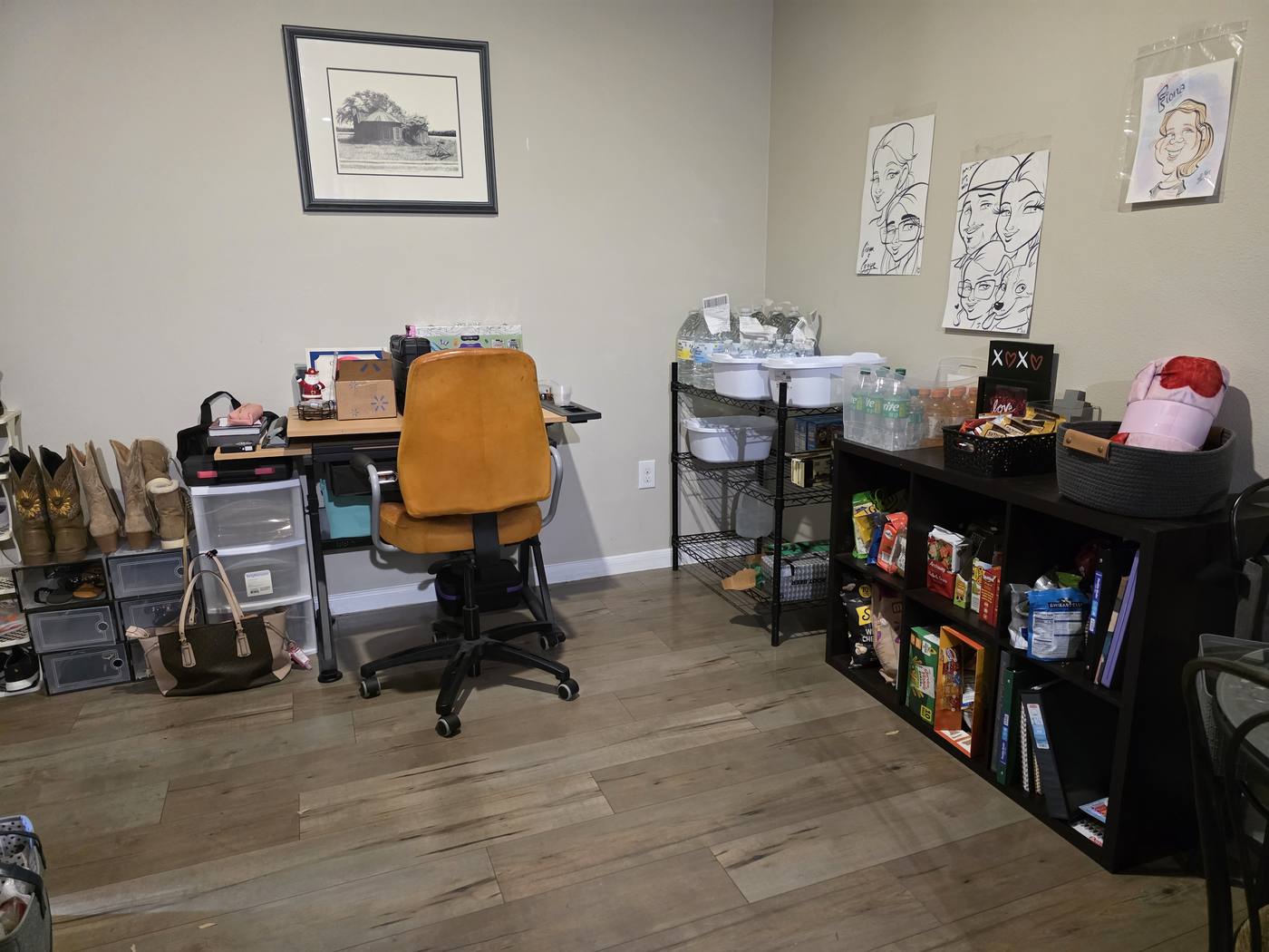 A shared room with bags and supplies spread across the floor and shelving, then the same room with everything shelved and the floor clear