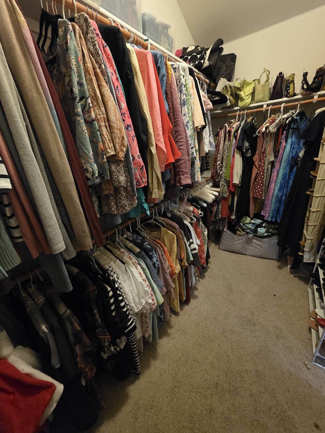 A crowded hanging rod with items pushed together, then the same rod with garments spaced and grouped by type