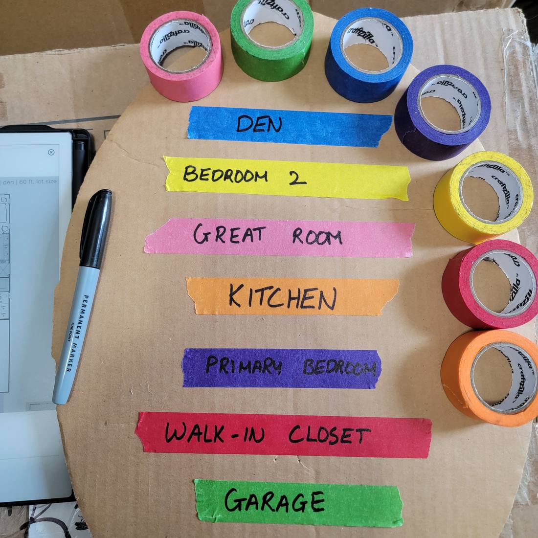 Rolls of colored tape labeled by room on a piece of cardboard