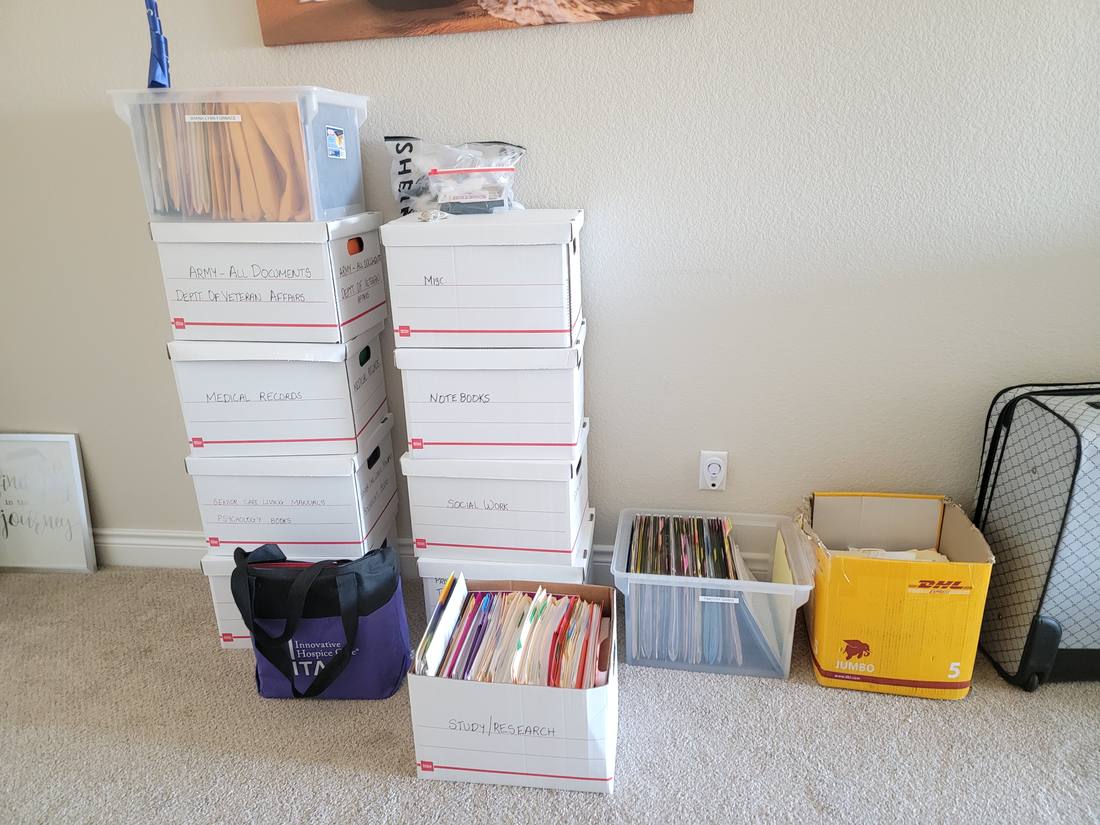 Labeled file boxes holding sorted paperwork