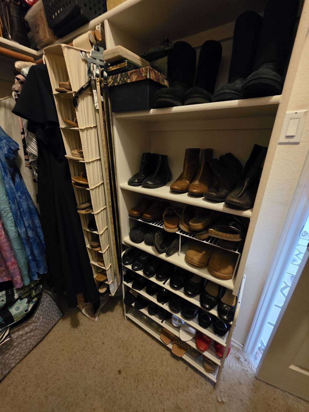 Shoes crowded onto a leaning rack, then the same shoes arranged in pairs on tidy shelving