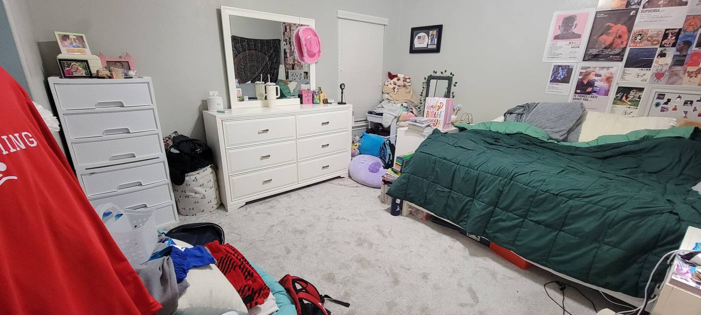 A teenager's bedroom with clothes and bags across the floor and bed, then the same room with surfaces cleared and the bed made