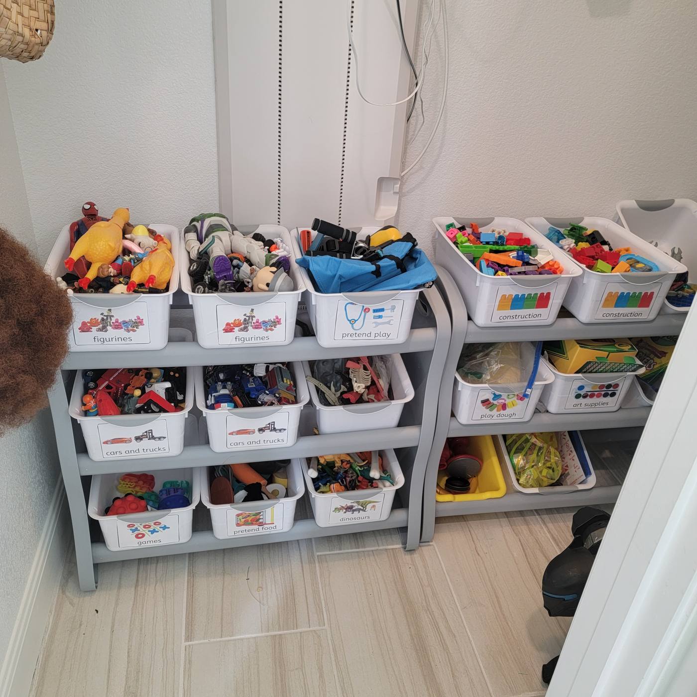 A toy closet overflowing with mixed toys, then the same toys sorted into labeled bins on low open shelving